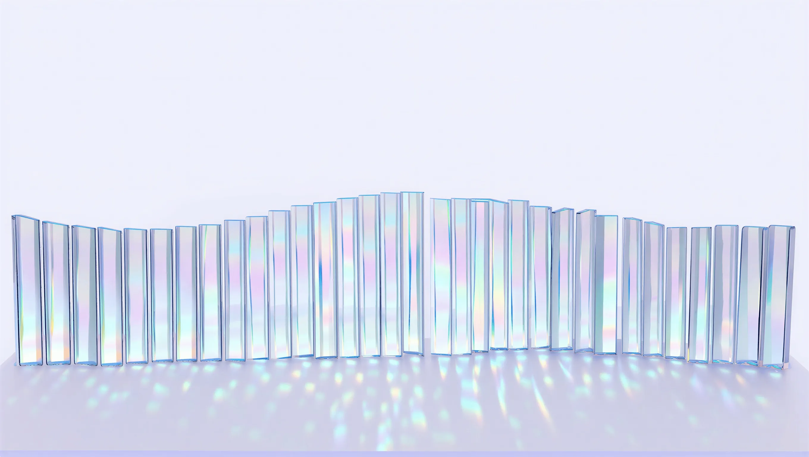 Row of iridescent glass panels casting prismatic light reflections